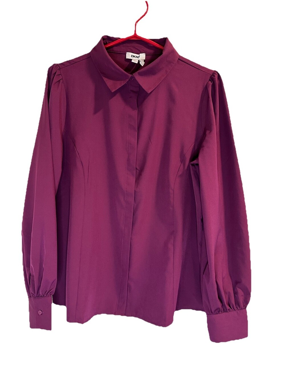 DKNY button up top shirt size L long-sleeve women polyester Magnetic(red/purple)